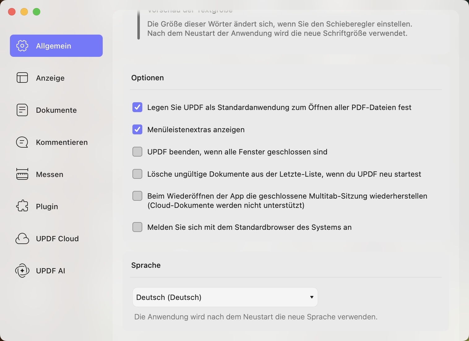 Allgemeine Einstellungen für updf mac