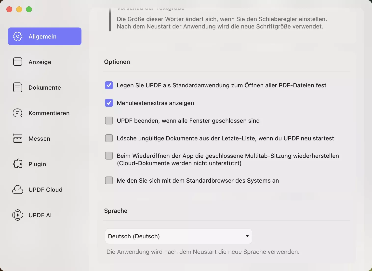 Allgemeine Einstellungen für updf mac
