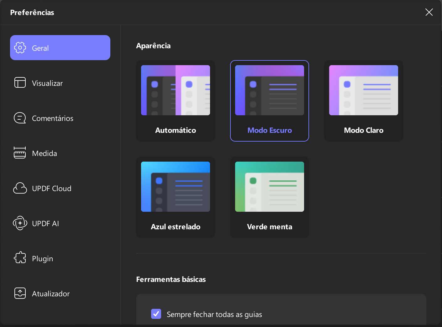 acessar preferências de aparência geral updf windows