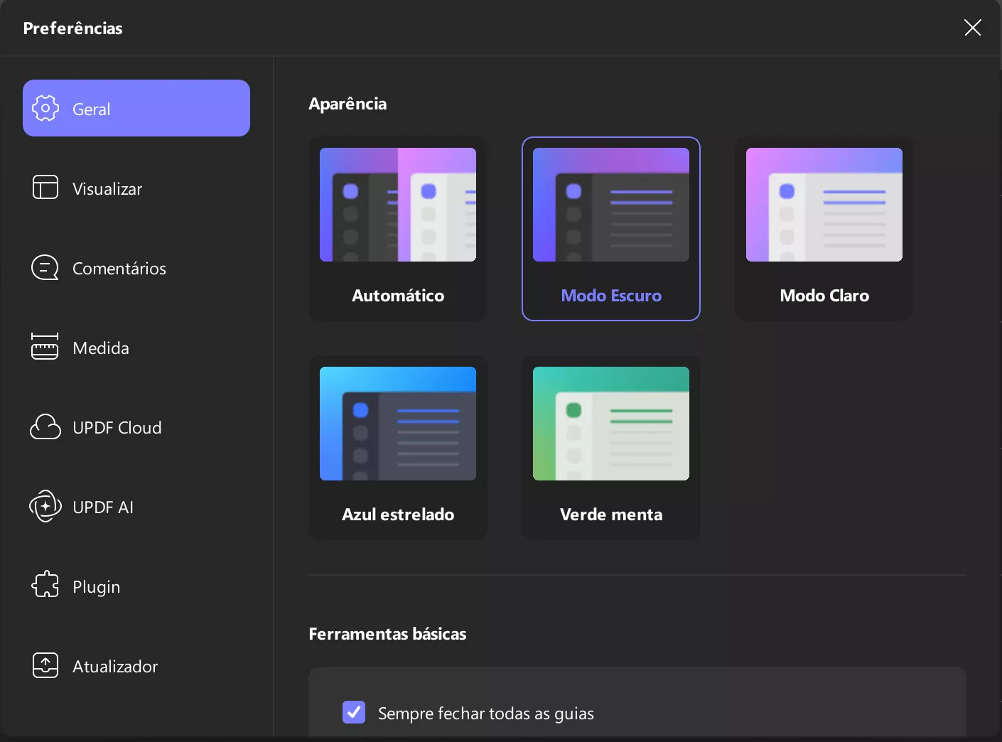 acessar preferências de aparência geral updf windows