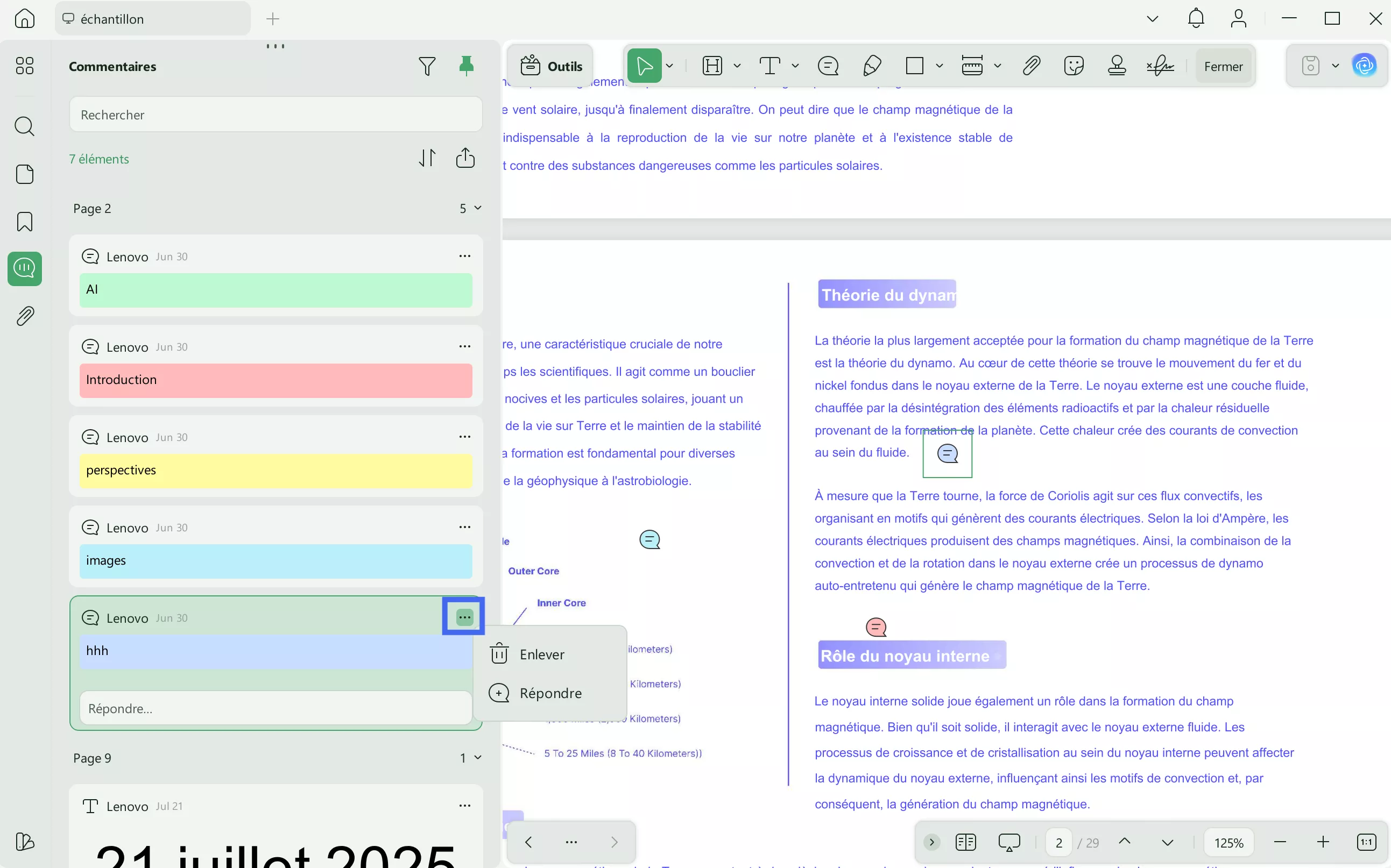 Supprimer ou répondre au commentaire