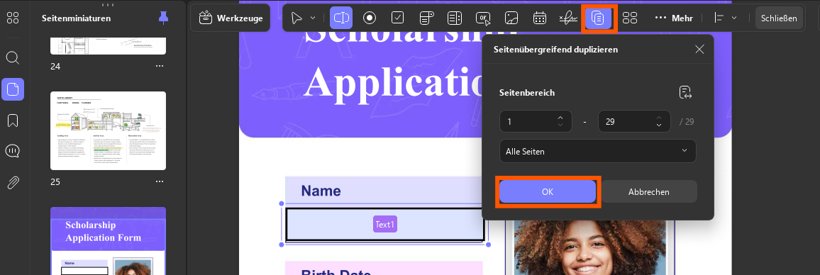 Klicken Sie auf „OK“, um über Seiten hinweg zu duplizieren. Updf Windows 2