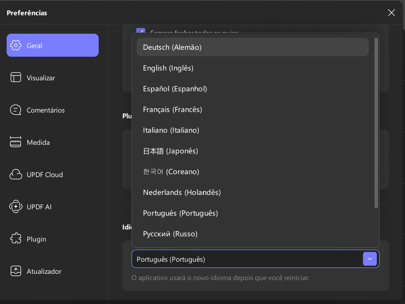 escolha o idioma preferências updf updf windows