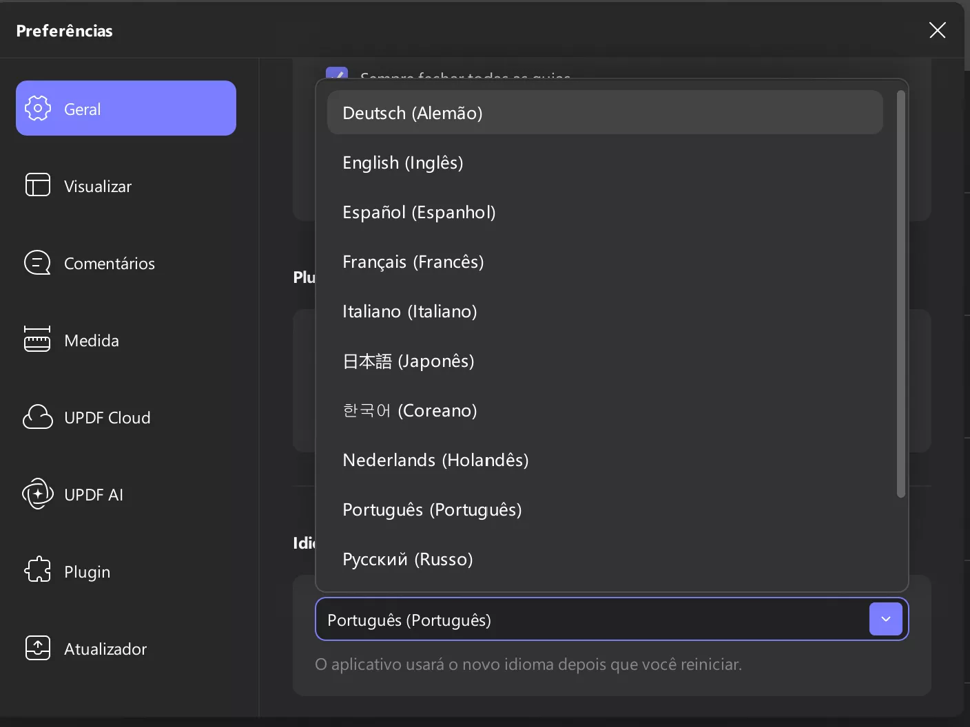 escolha o idioma preferências updf updf windows