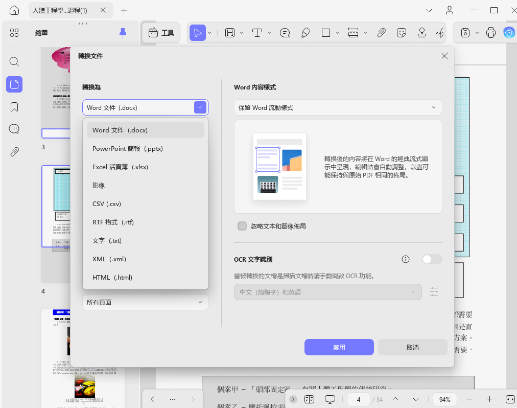 PDF格式轉換設置