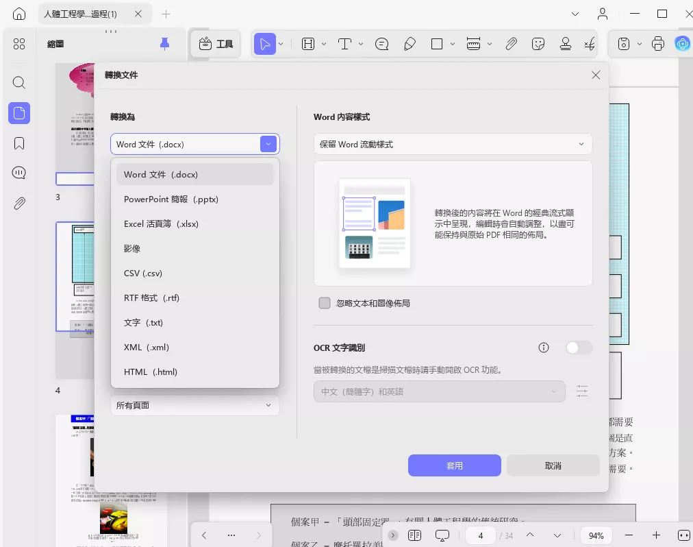 PDF格式轉換設置
