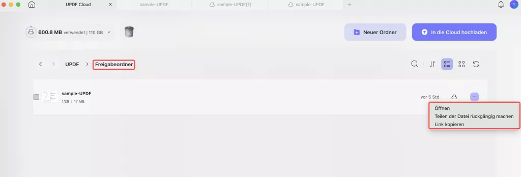 Verwalten freigegebener PDF-Dateien mit UPDF Cloud auf dem Mac