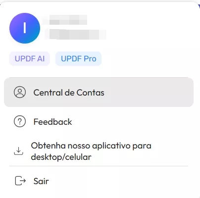 Clique no centro de contas no site updf