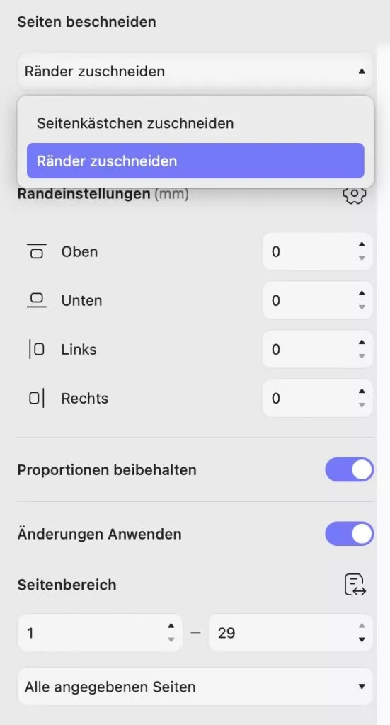 Zuschneideoptionen