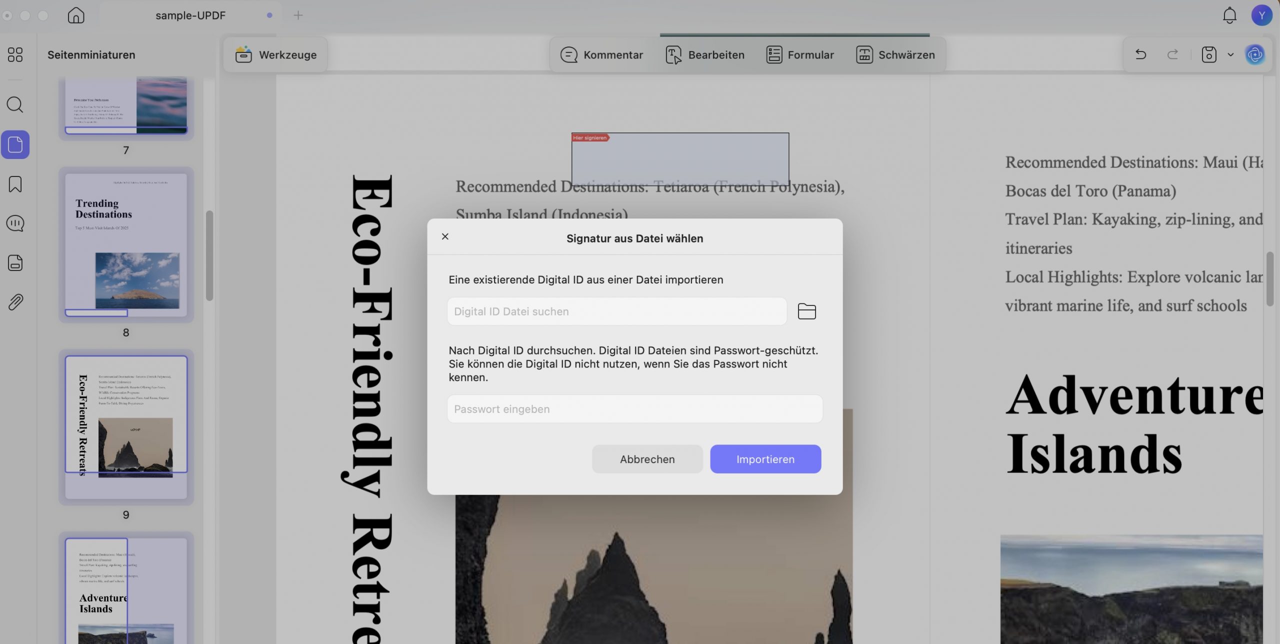 Importieren Ihrer digitalen Signatur