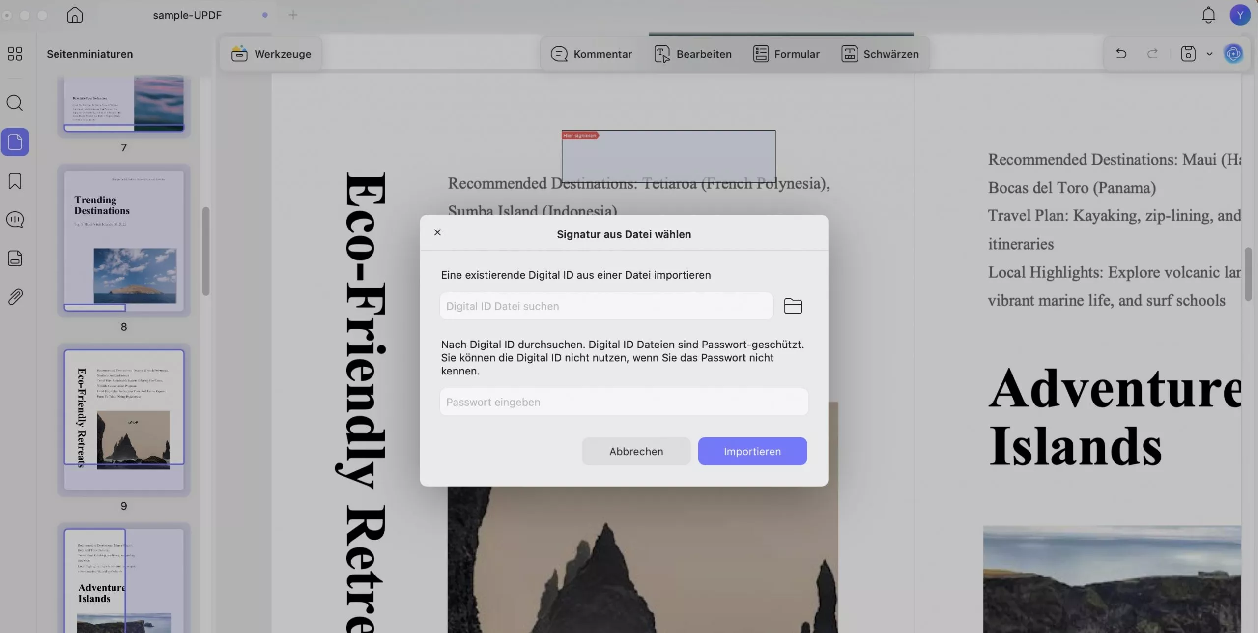 Importieren Ihrer digitalen Signatur