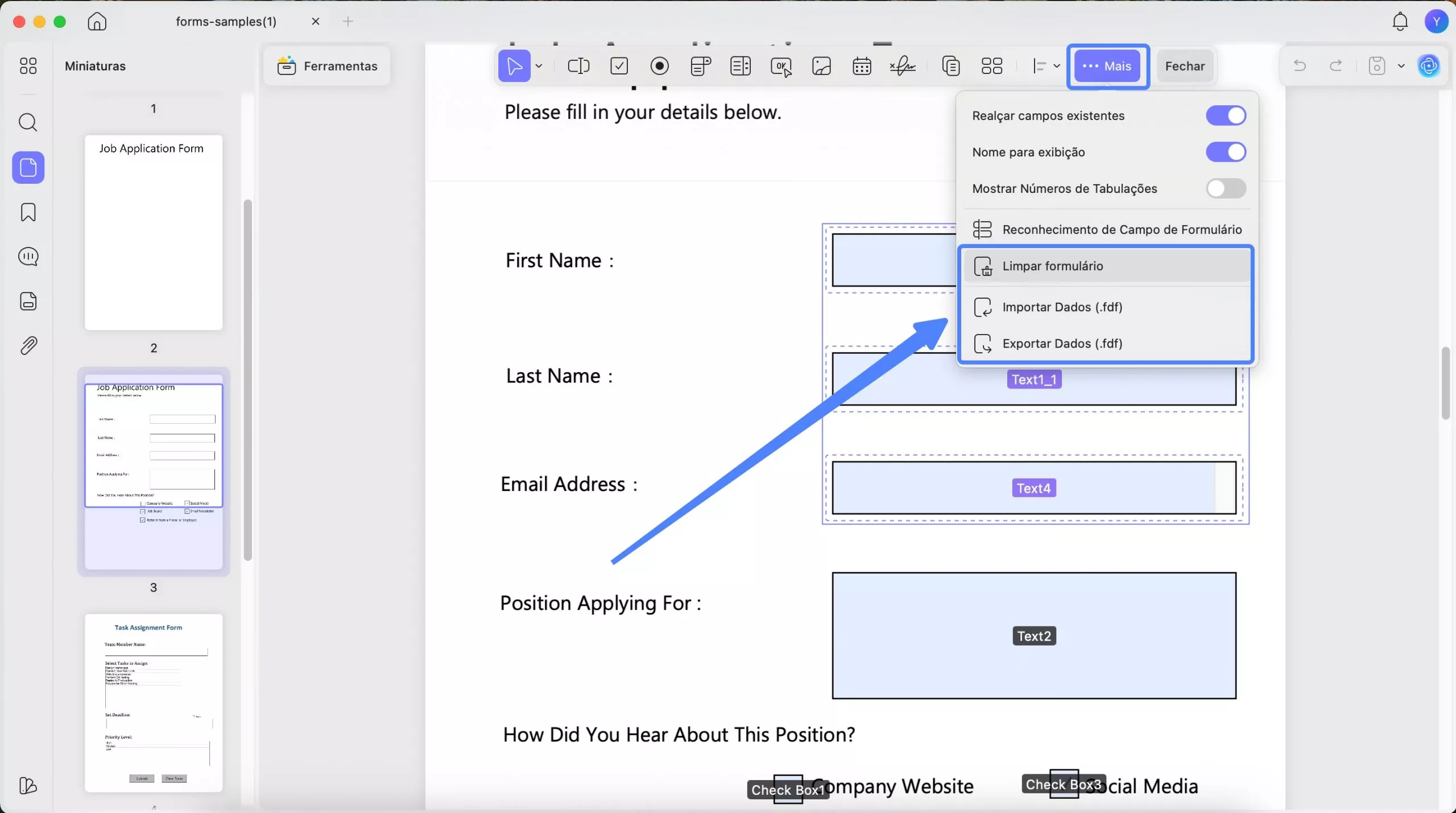 importar ou exportar dados de formulário PDF updf mac
