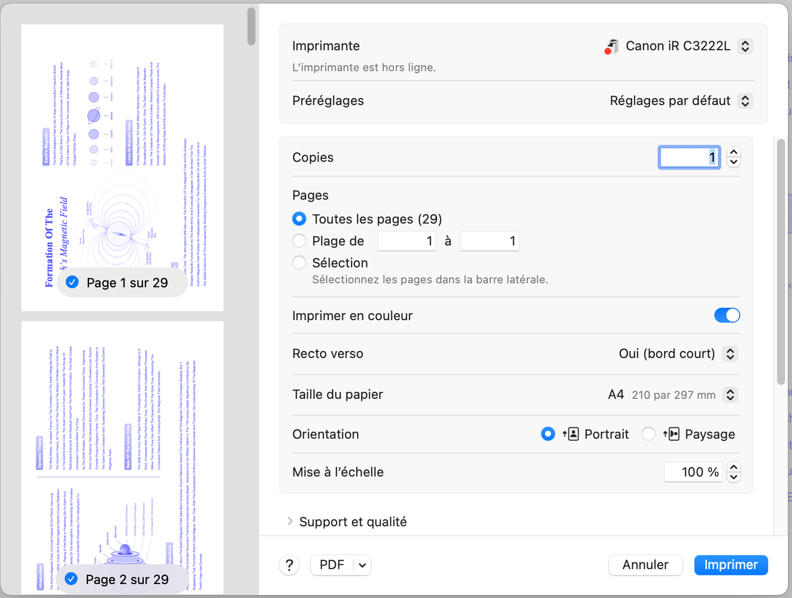 définir les paramètres de page imprimer updf mac