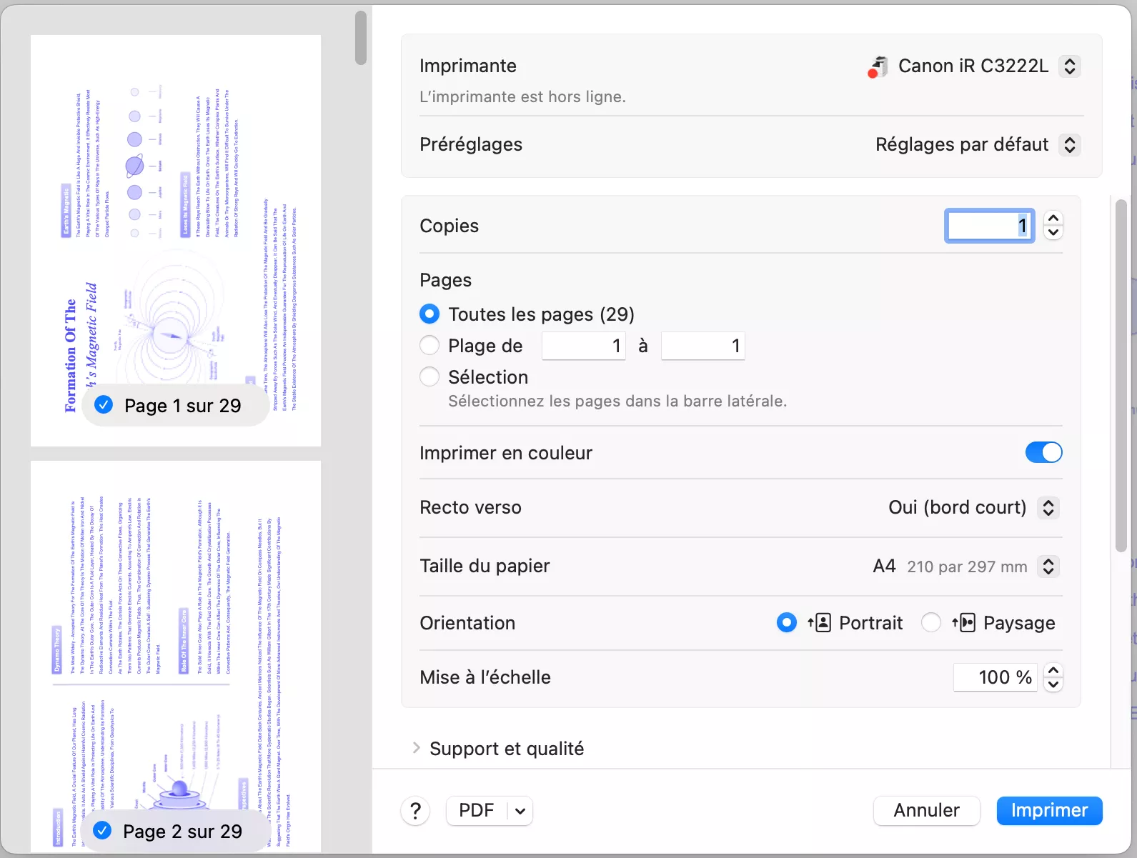 définir les paramètres de page imprimer updf mac