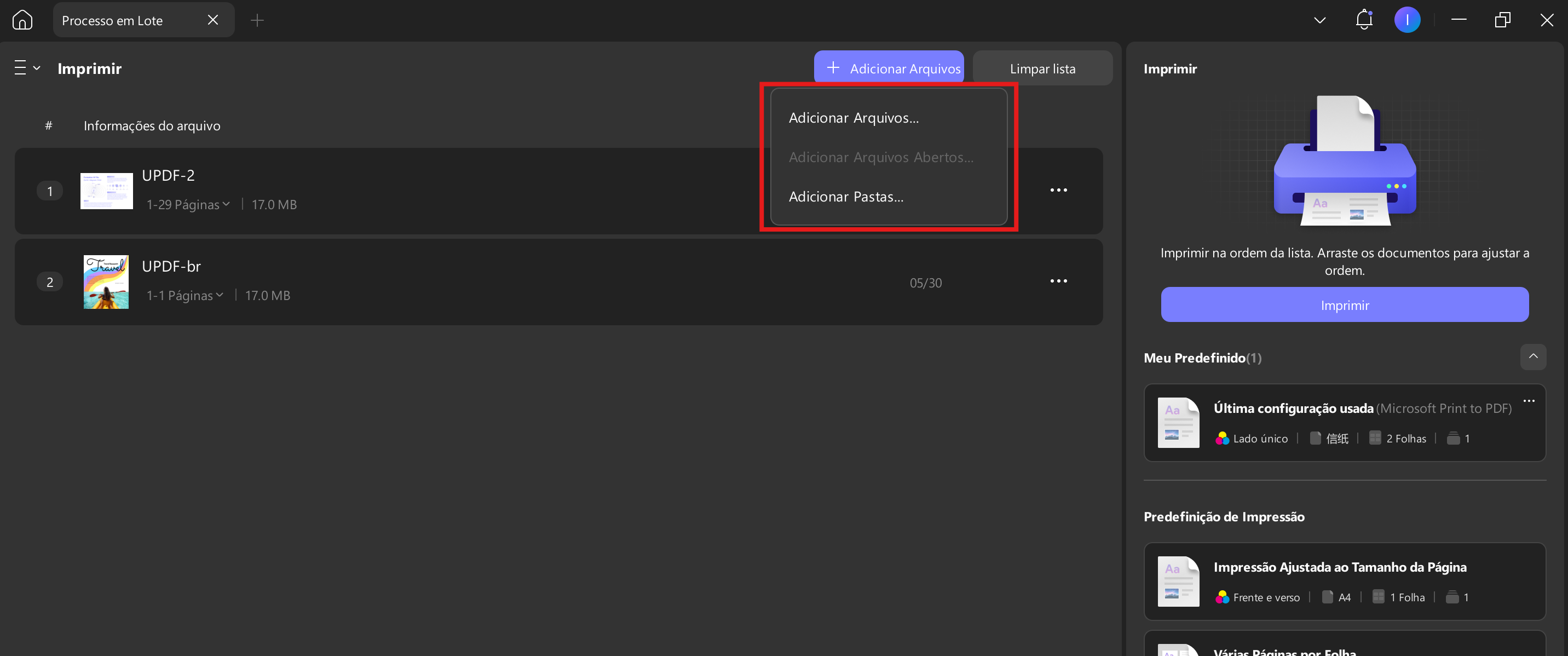 adicionar arquivos à seção de impressão em lote updf windows