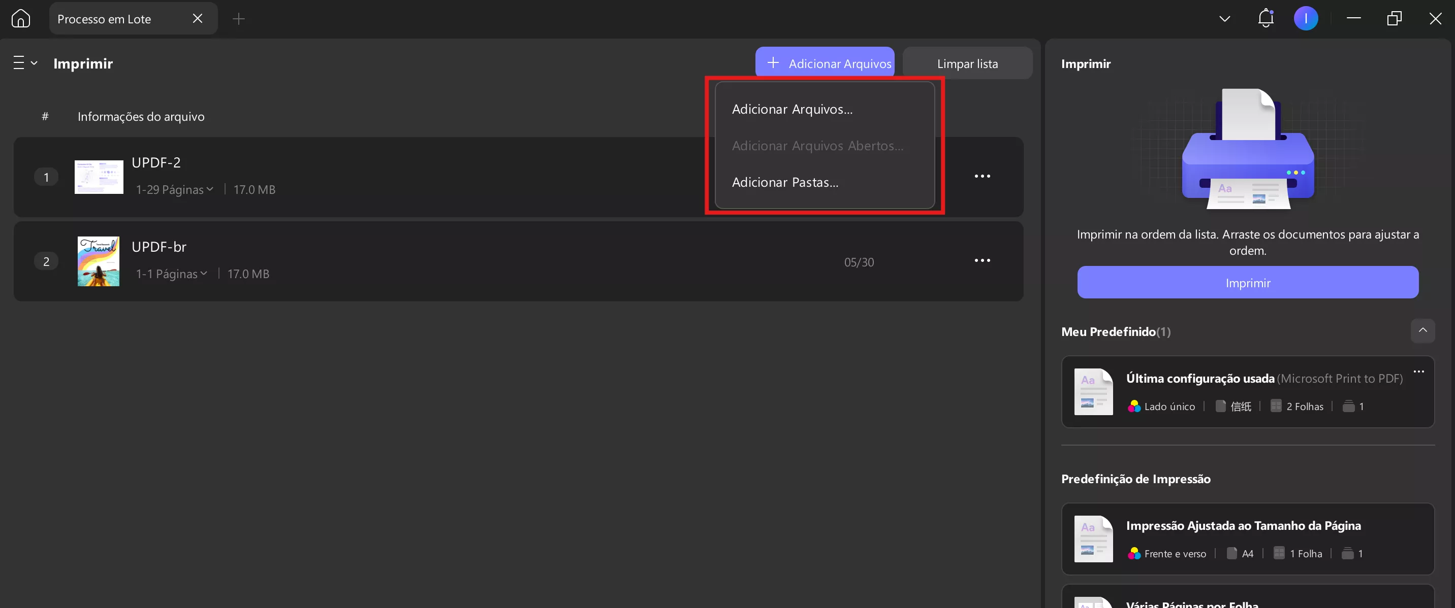 adicionar arquivos à seção de impressão em lote updf windows