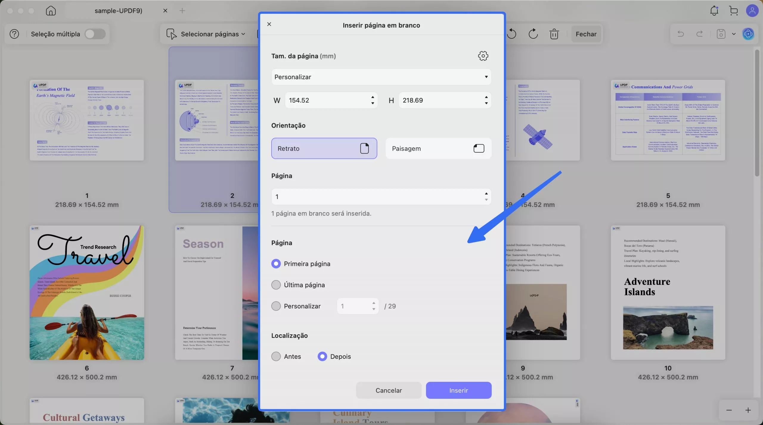 inserir página em branco updf mac
