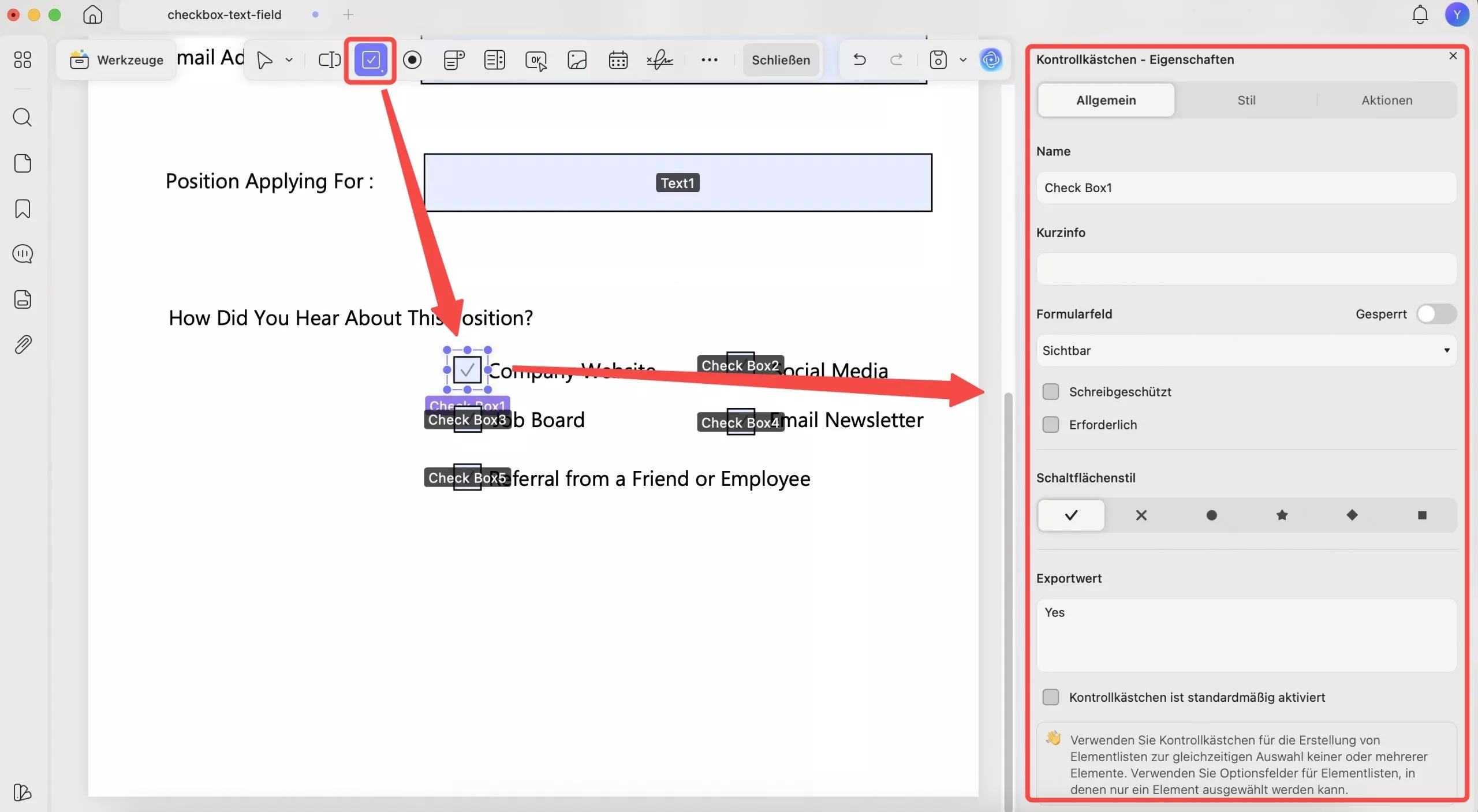 Checkbox in PDF-Formular einfügen updf mac