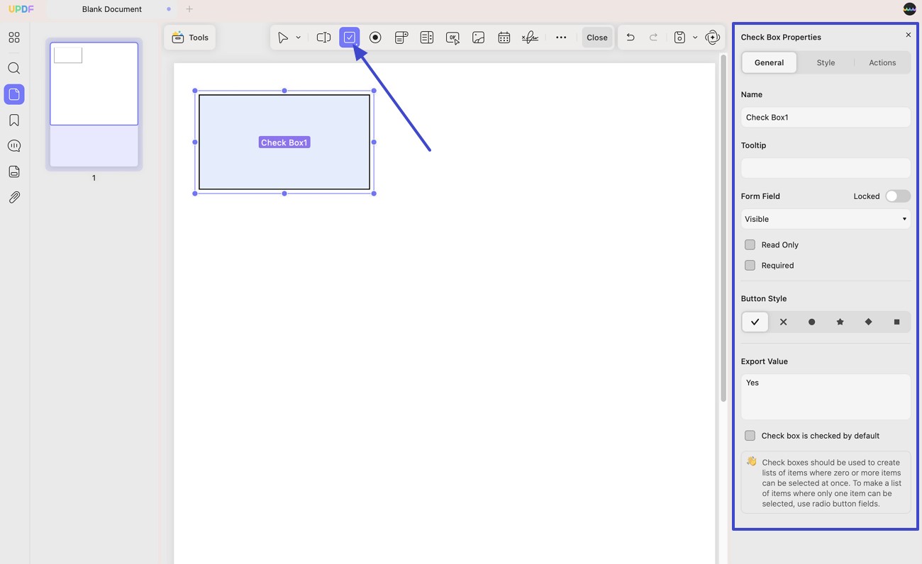 แทรกช่องกาเครื่องหมายลงในฟอร์ม pdf อัปไฟล์ mac