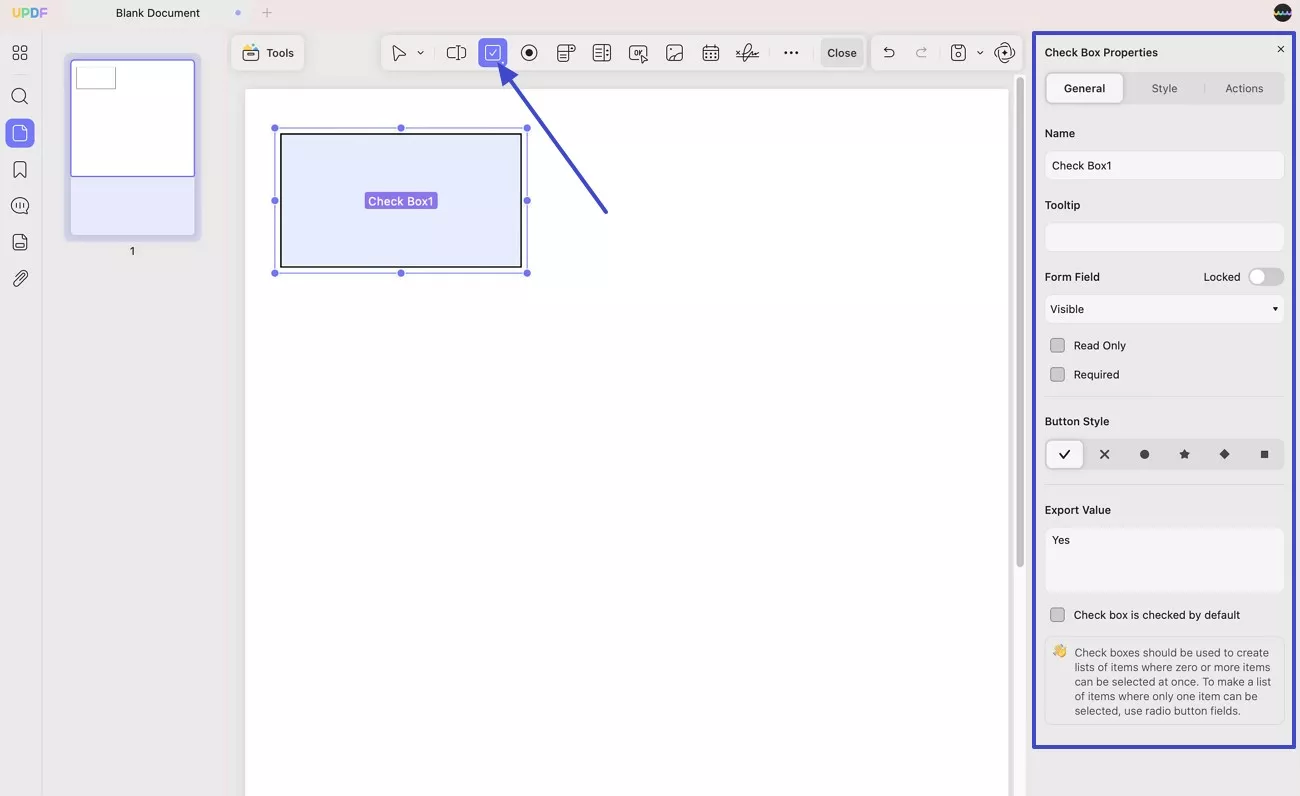 insert checkbox to pdf form updf mac