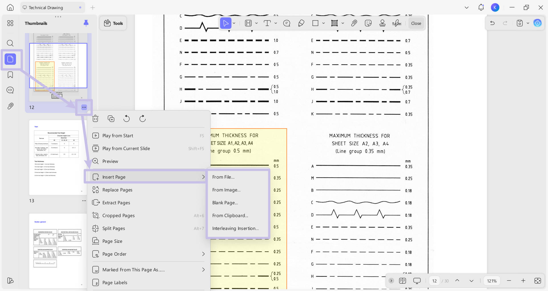 insert pages in thumbnail updf windows