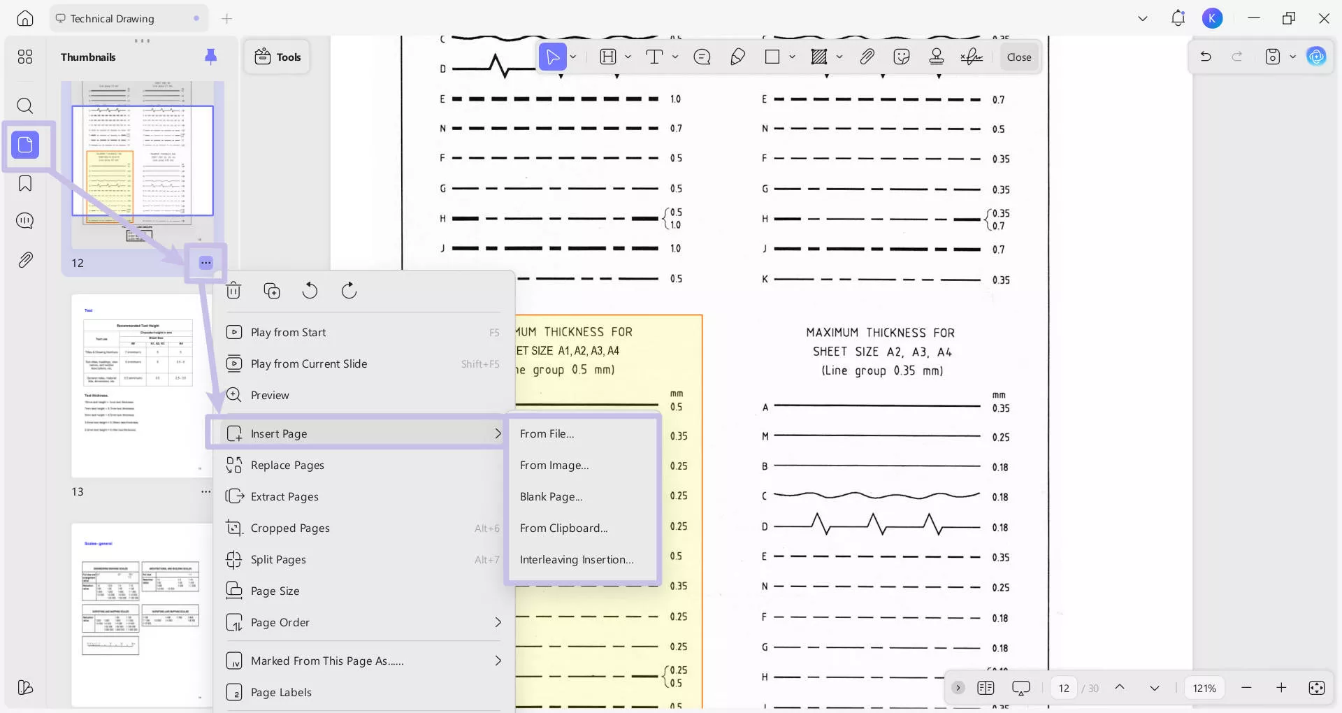 insert pages in thumbnail updf windows