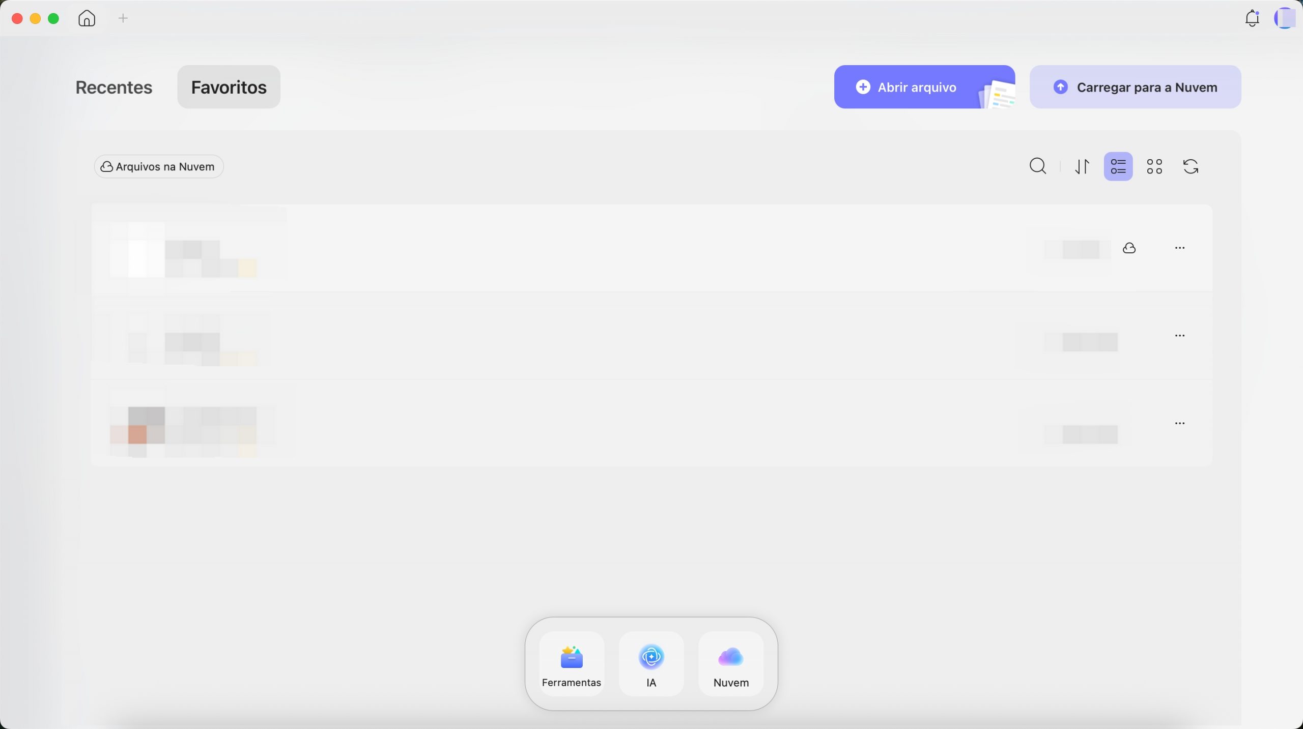 Interface de Favoritos