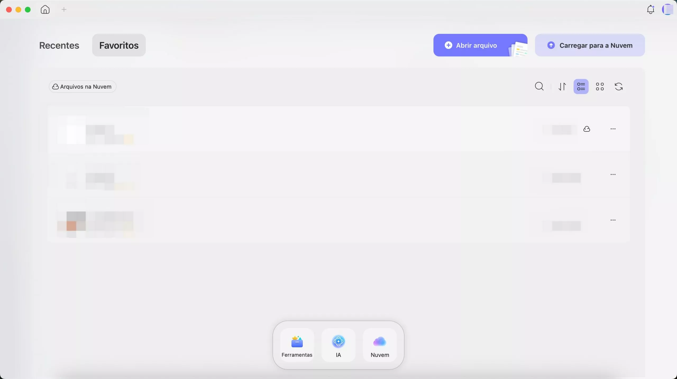 Interface de Favoritos