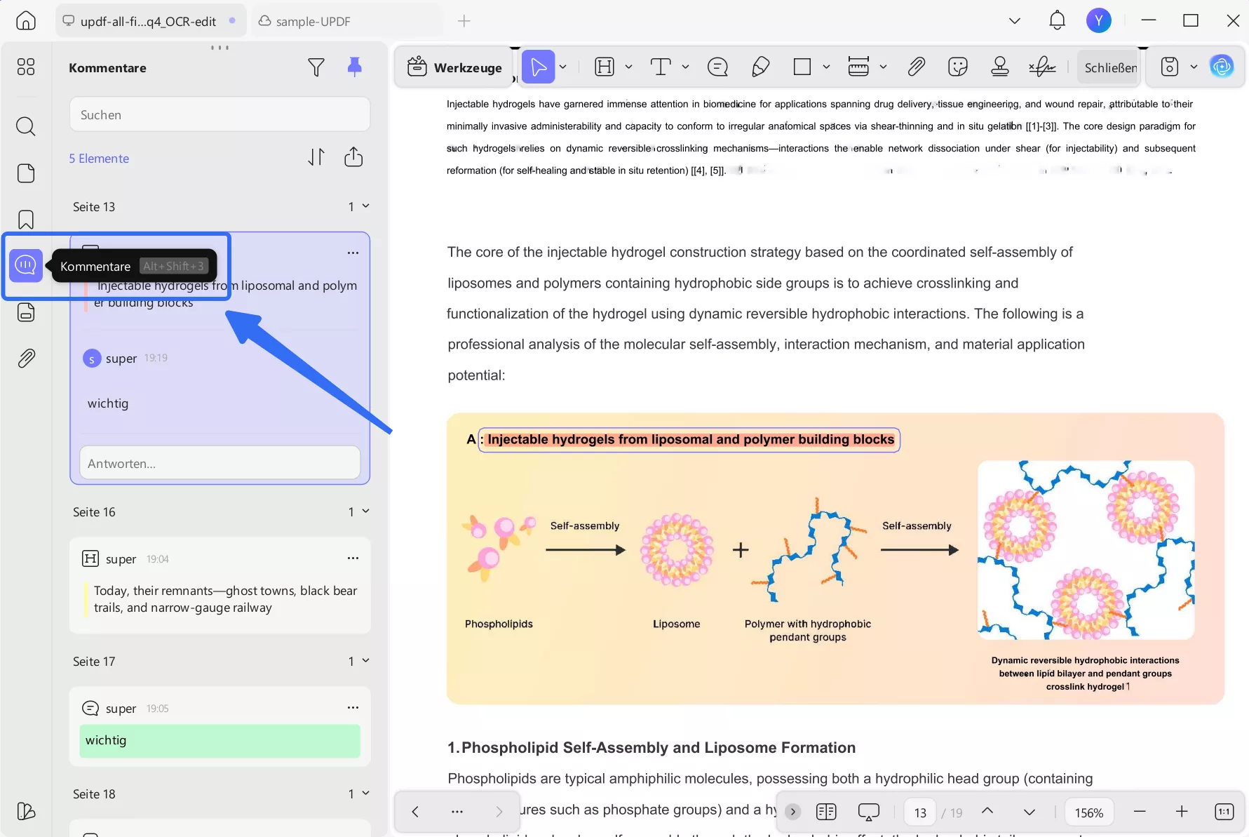 klicken Sie im linken Bereich auf die Schaltfläche „Kommentare“