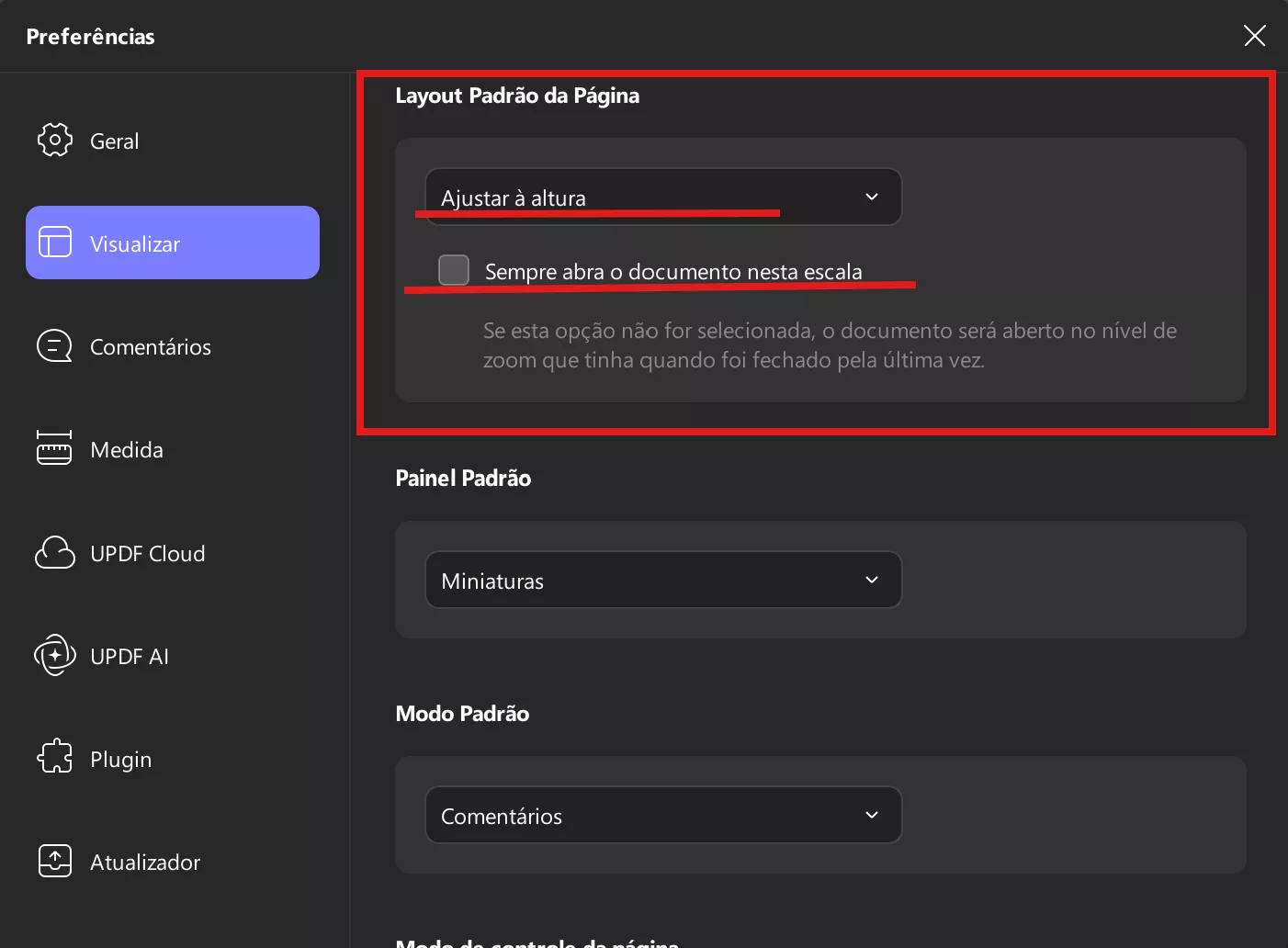 configurações de layout de página padrão updf windows