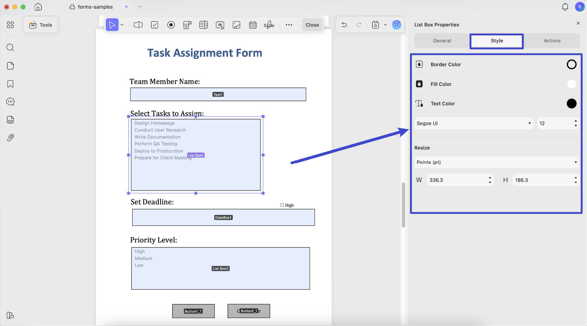 list box style with updf on mac