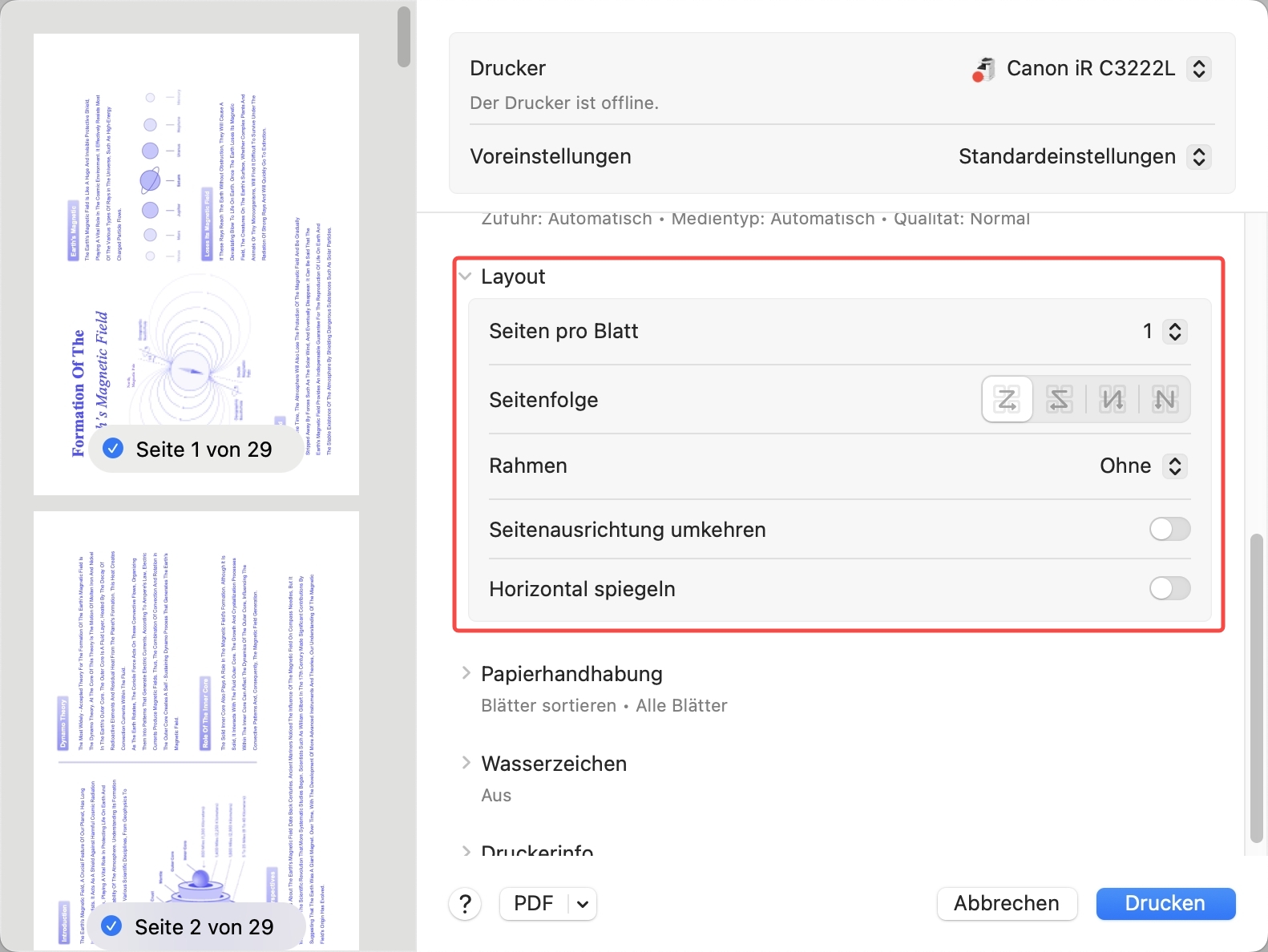 Layout-Einstellungen überprüfen updf mac