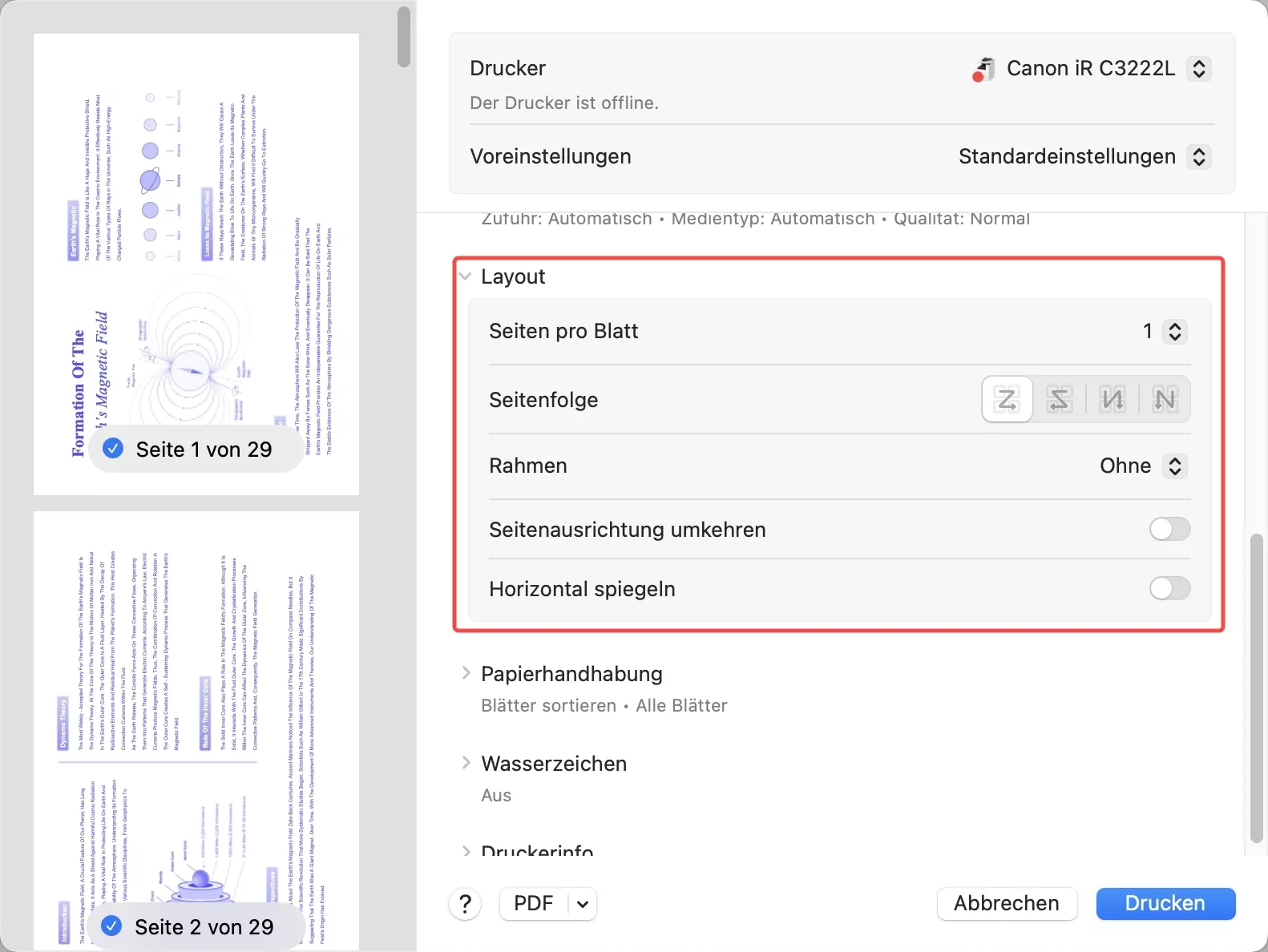 Layout-Einstellungen überprüfen updf mac