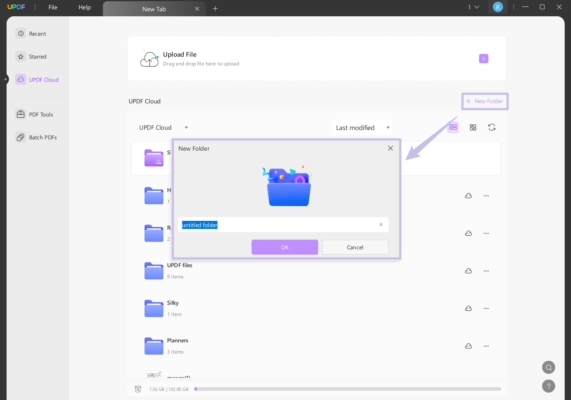 make new folder in updf cloud space