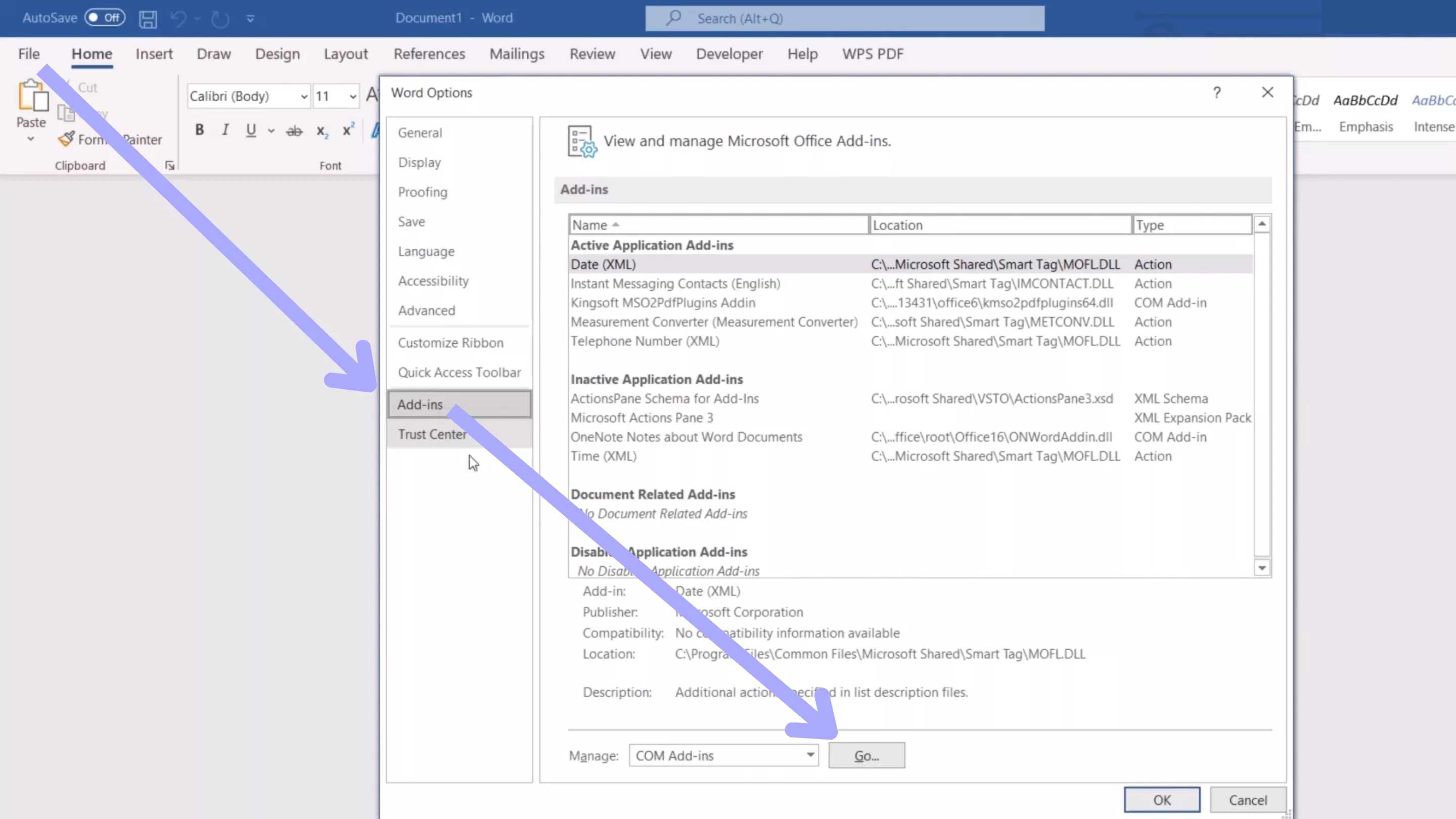 manage com add ins word