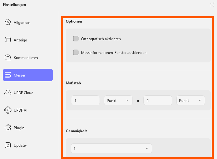 Messpräferenzen updf Windows 2