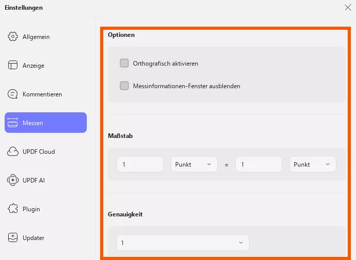 Messpräferenzen updf Windows 2