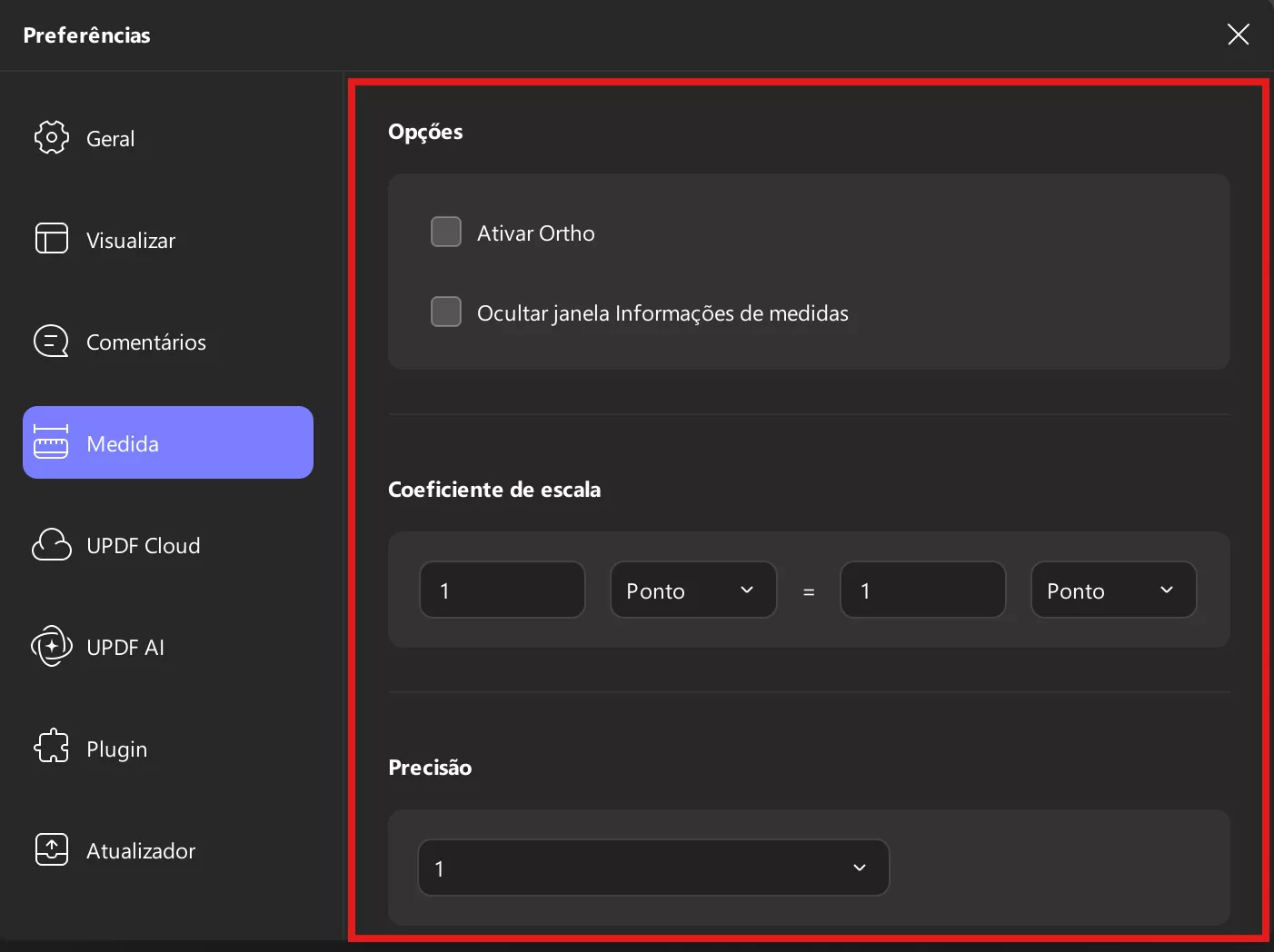 medindo preferências updf windows