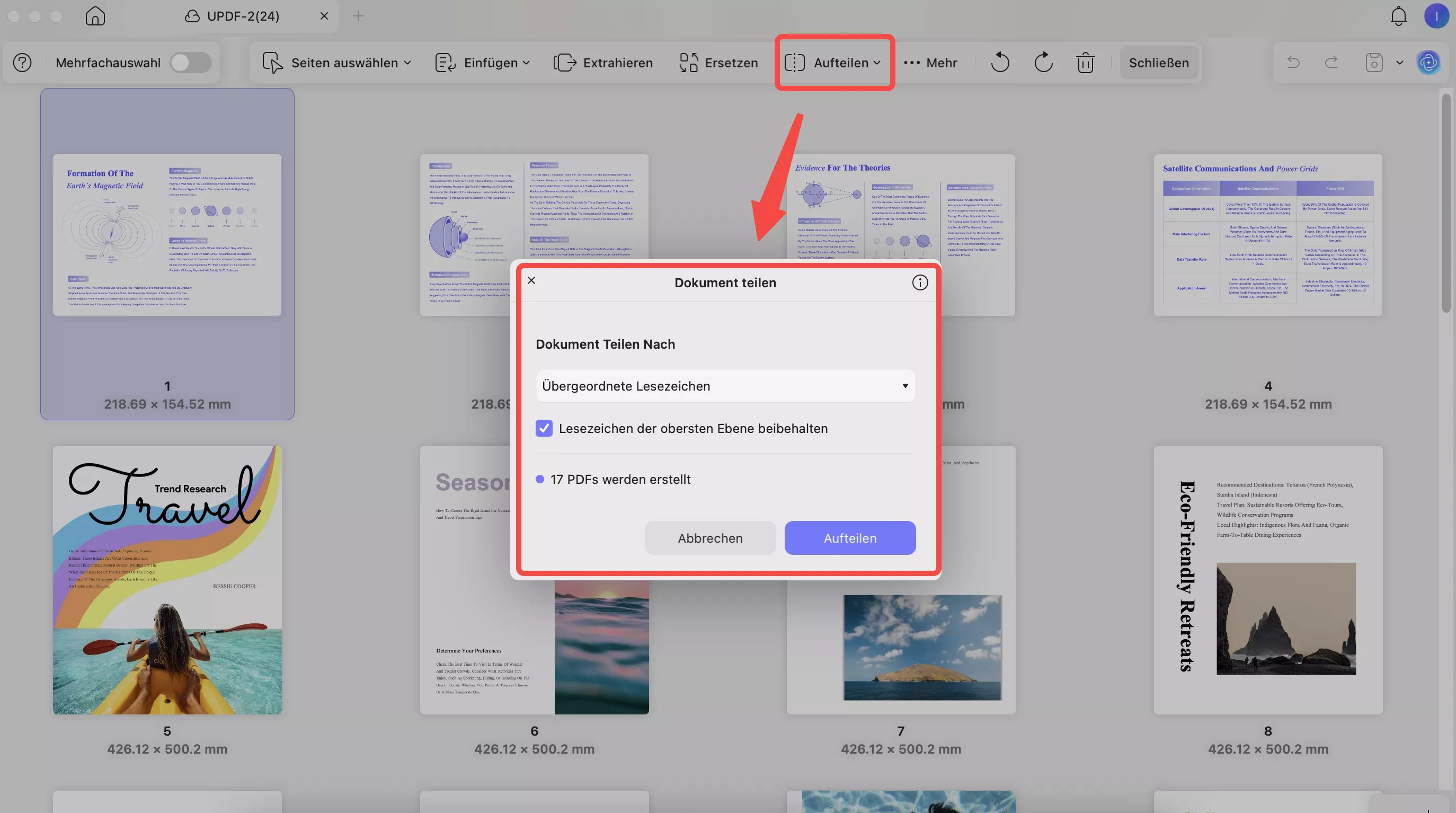 Nach Lesezeichen aufteilen