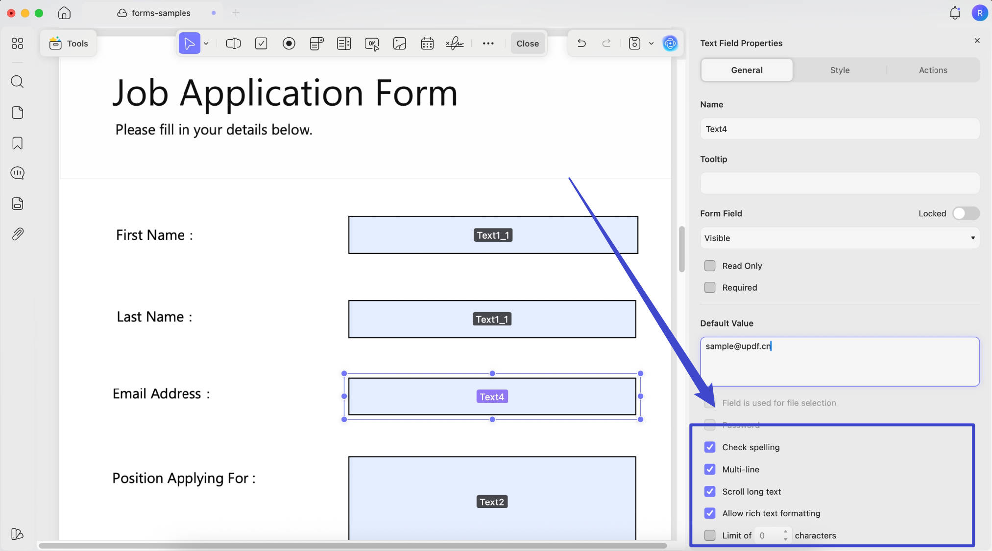 Other text field properties with UPDF on Windows