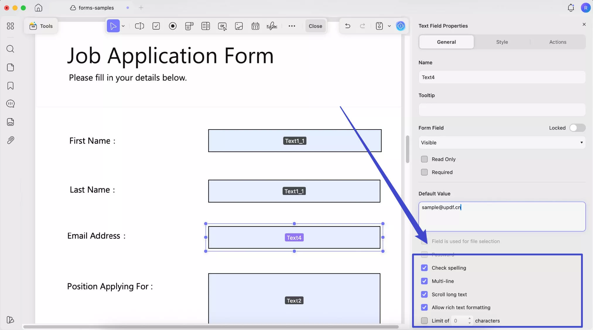 Other text field properties with UPDF on Windows