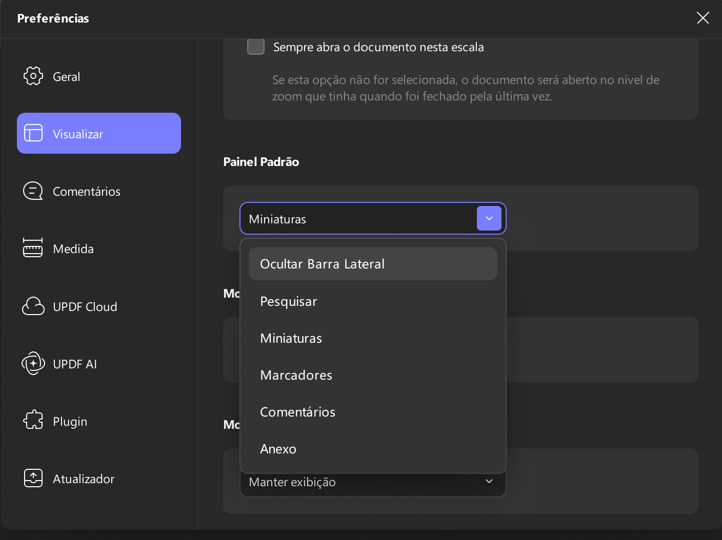 configurações padrão do painel esquerdo updf windows