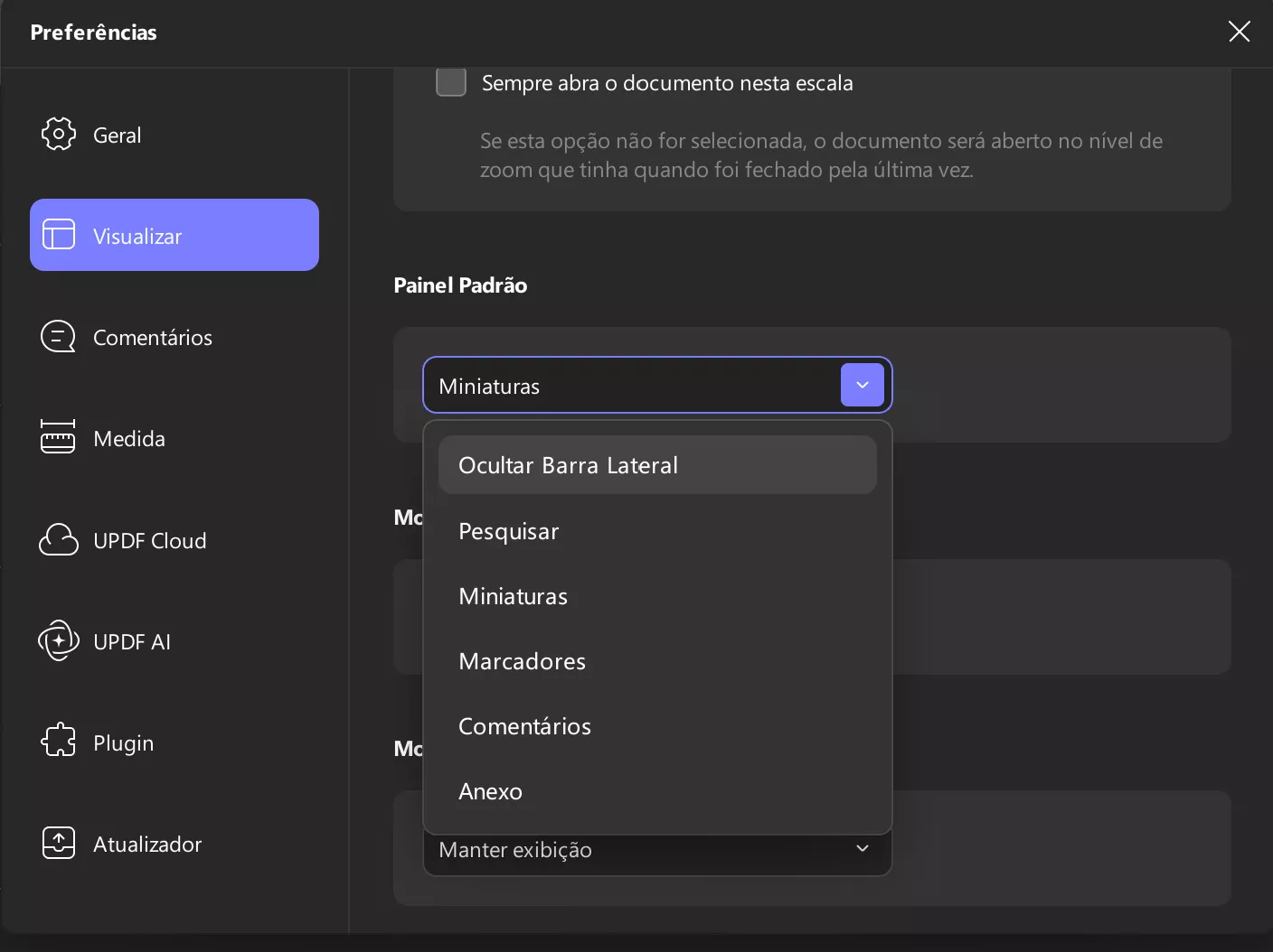 configurações padrão do painel esquerdo updf windows