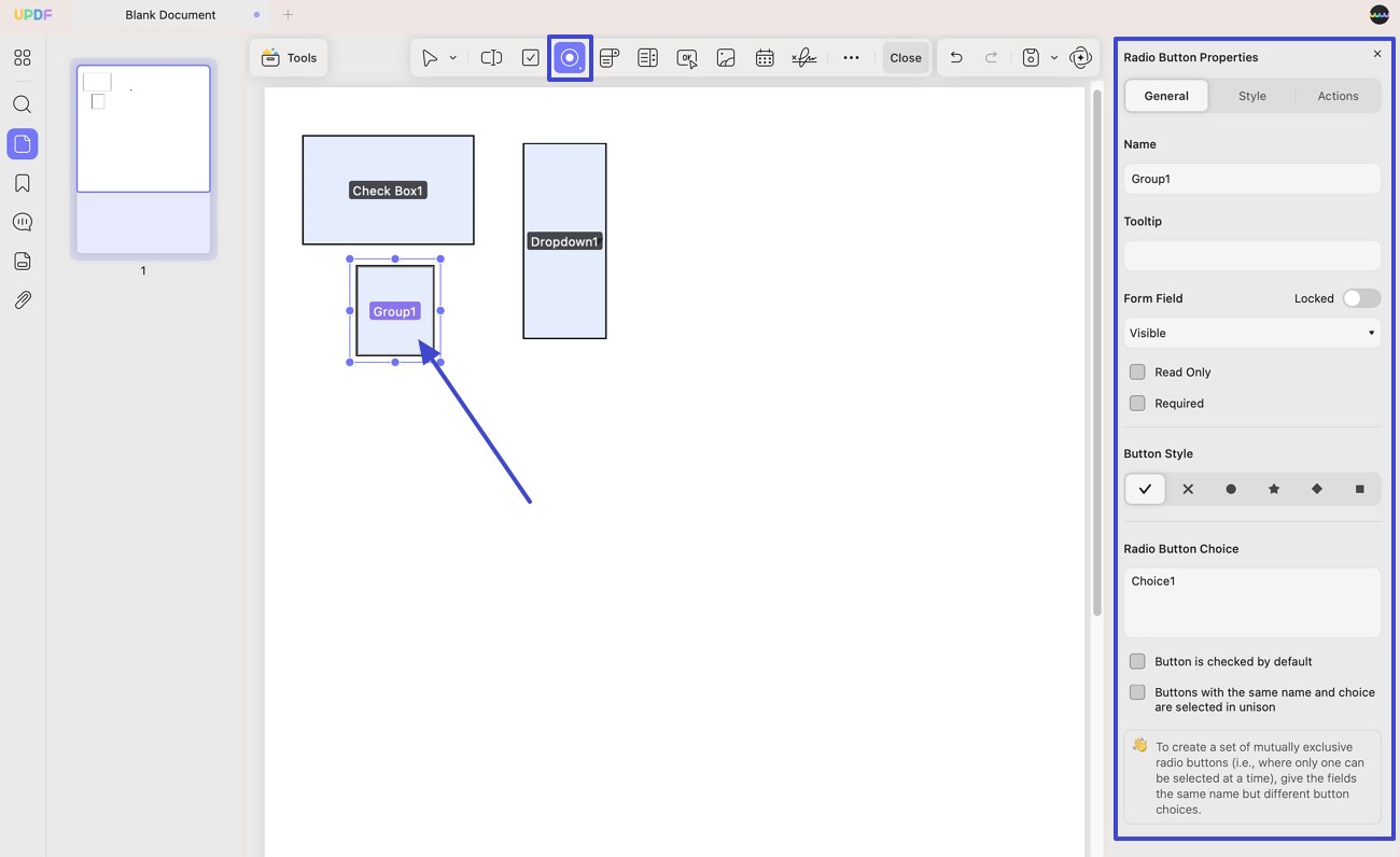 เครื่องมือปุ่มตัวเลือกแบบฟอร์ม pdf อัปไฟล์ mac