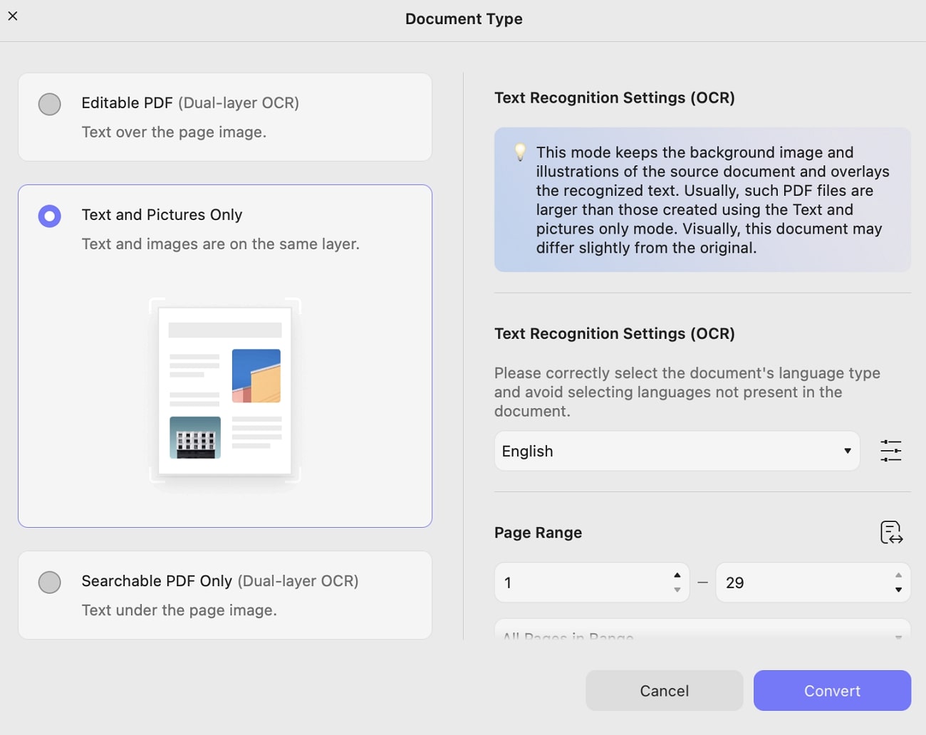 perform text and pictures only ocr updf mac