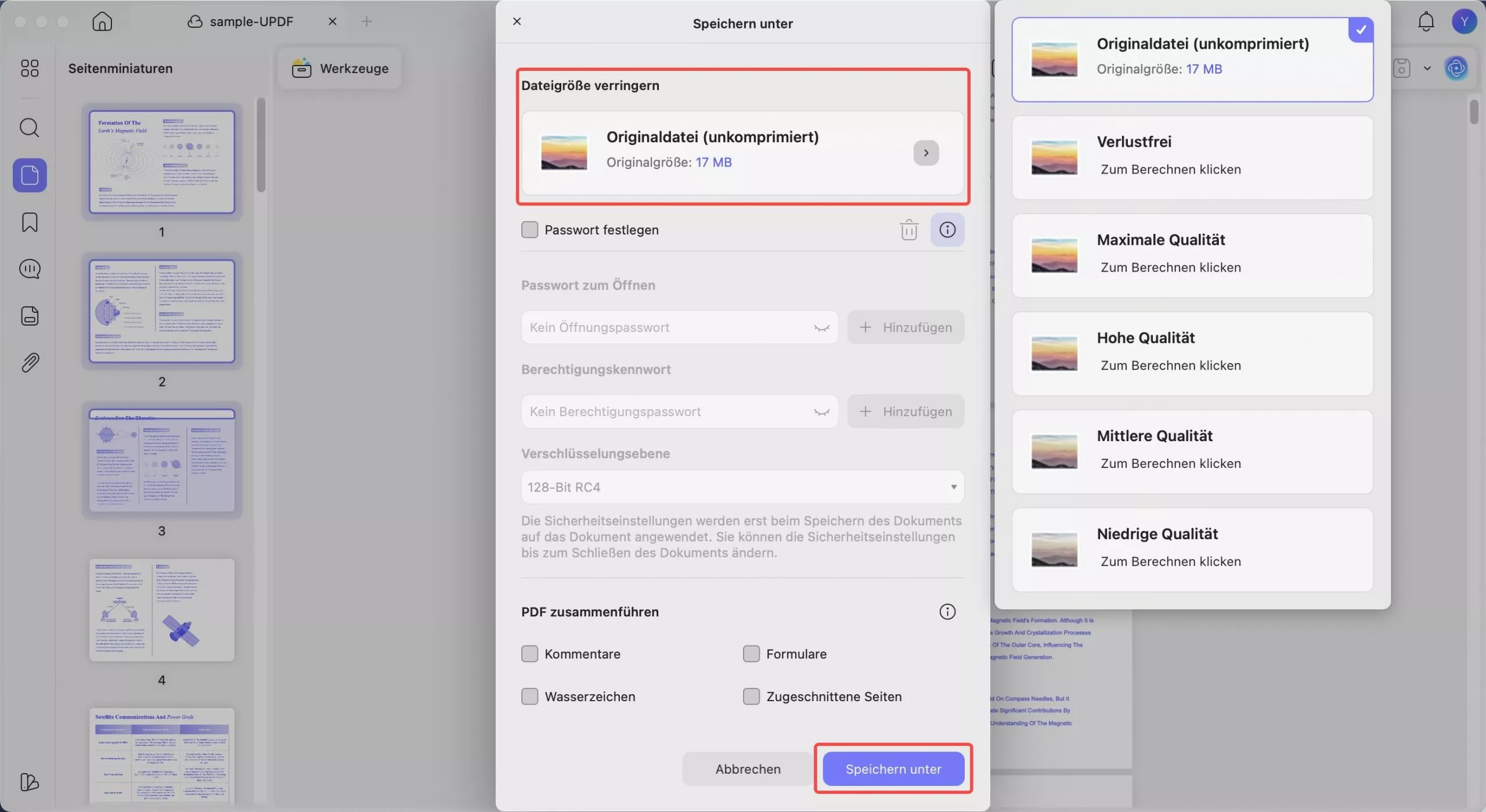 Qualität auswählen, um updf auf dem Mac zu komprimieren