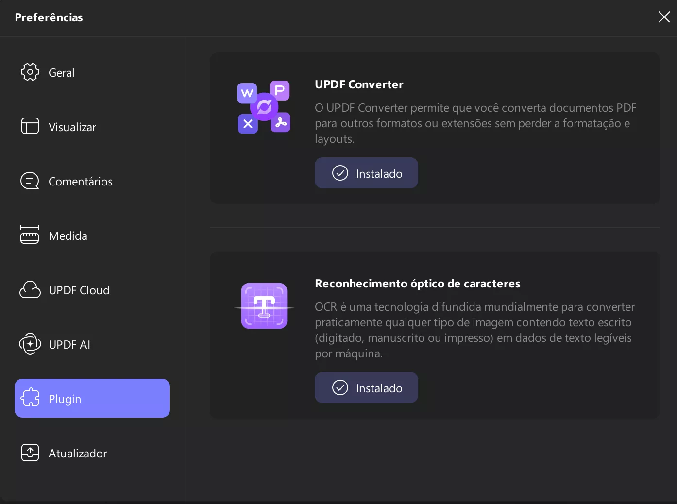 preferências de plugin updf windows