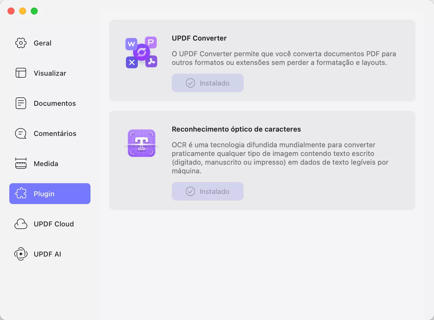 preferências de plugin updf mac