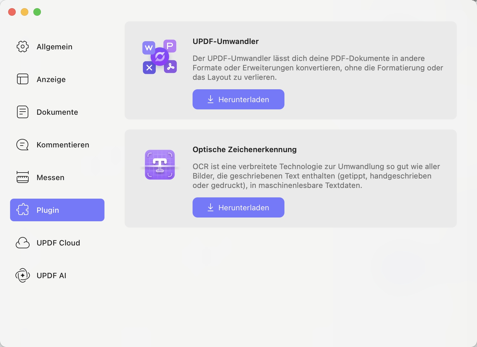 Plugin-Einstellungen updf Mac