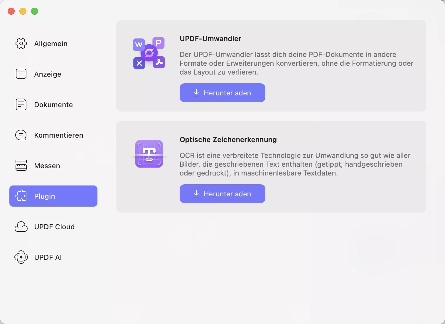 Plugin-Einstellungen updf Mac